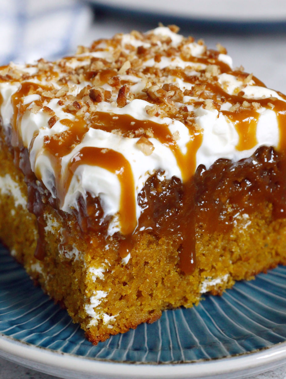 A slice of pumpkin spice poke cake.