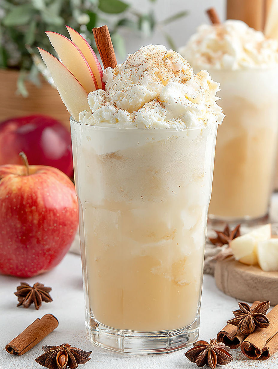 A glass of frozen yogurt with a cinnamon stick in it.