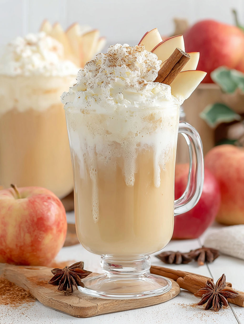 A glass of cinnamon apple cider with a cinnamon stick in it.