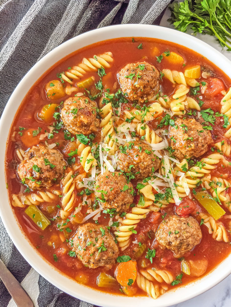 A bowl of pasta with meatballs and vegetables.