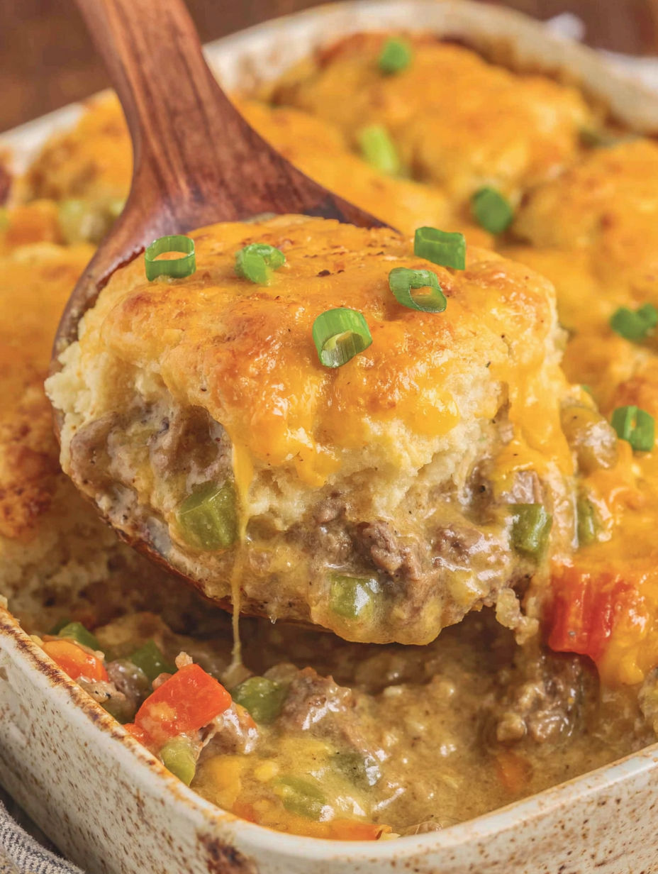 A wooden spoon is in a bowl of cheddar bay philly cheese steak cobbler.