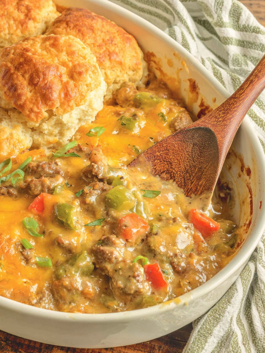 A bowl of cheddar bay philly cheese steak cobbler.
