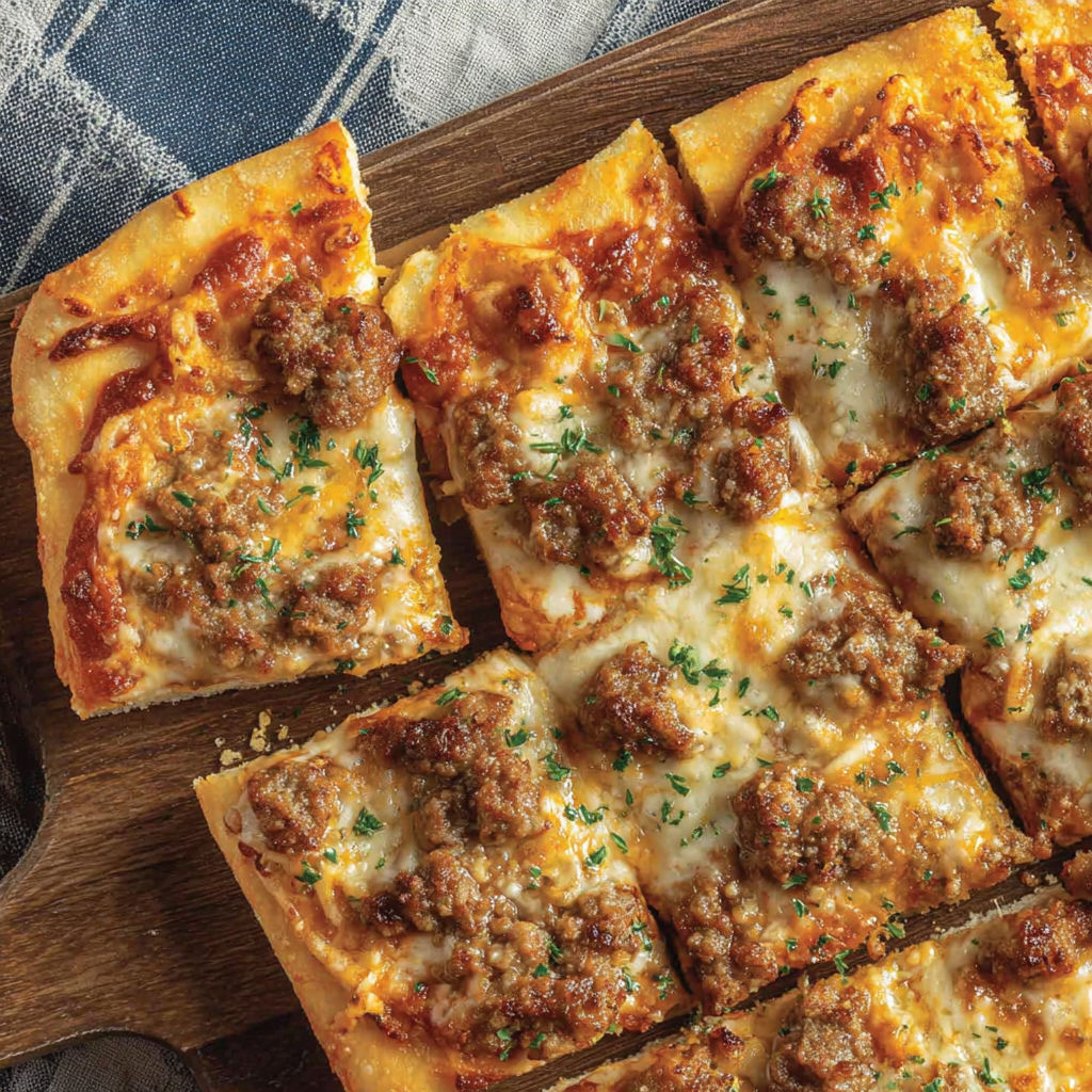 A pizza with meat and cheese on a wooden board.