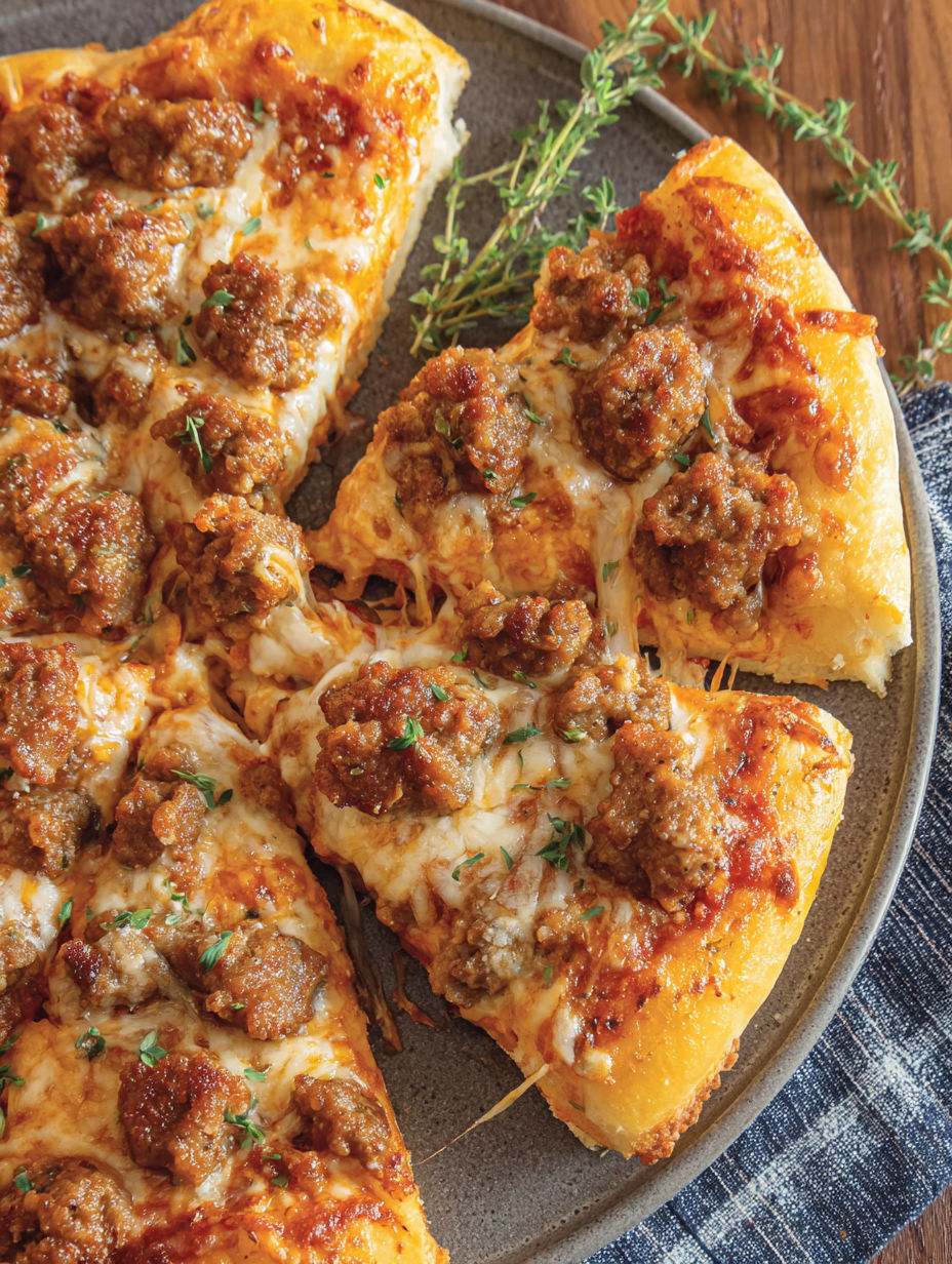 A slice of pizza with meat and cheese.