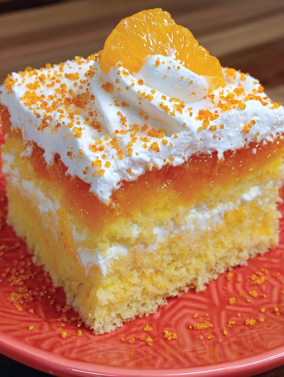 A slice of cake with white frosting and orange sprinkles.