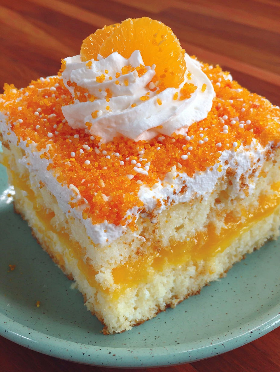 A slice of orange cake with white frosting and a slice of orange on top.