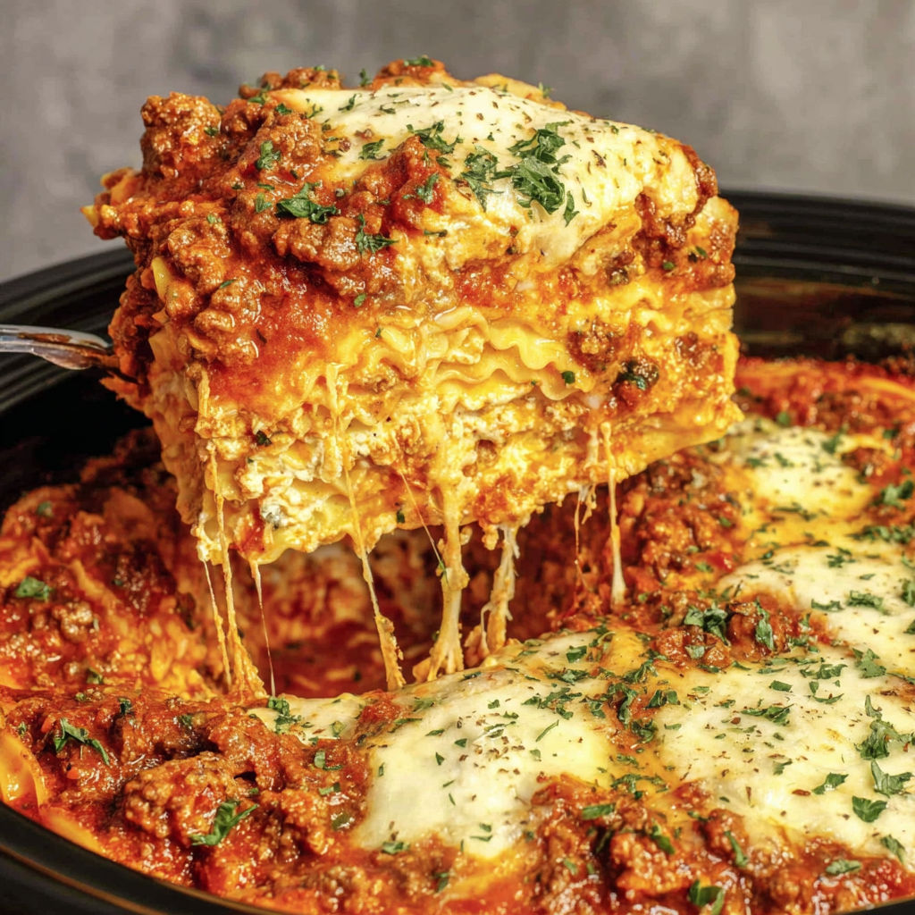 A close up of a crock pot lasagna.