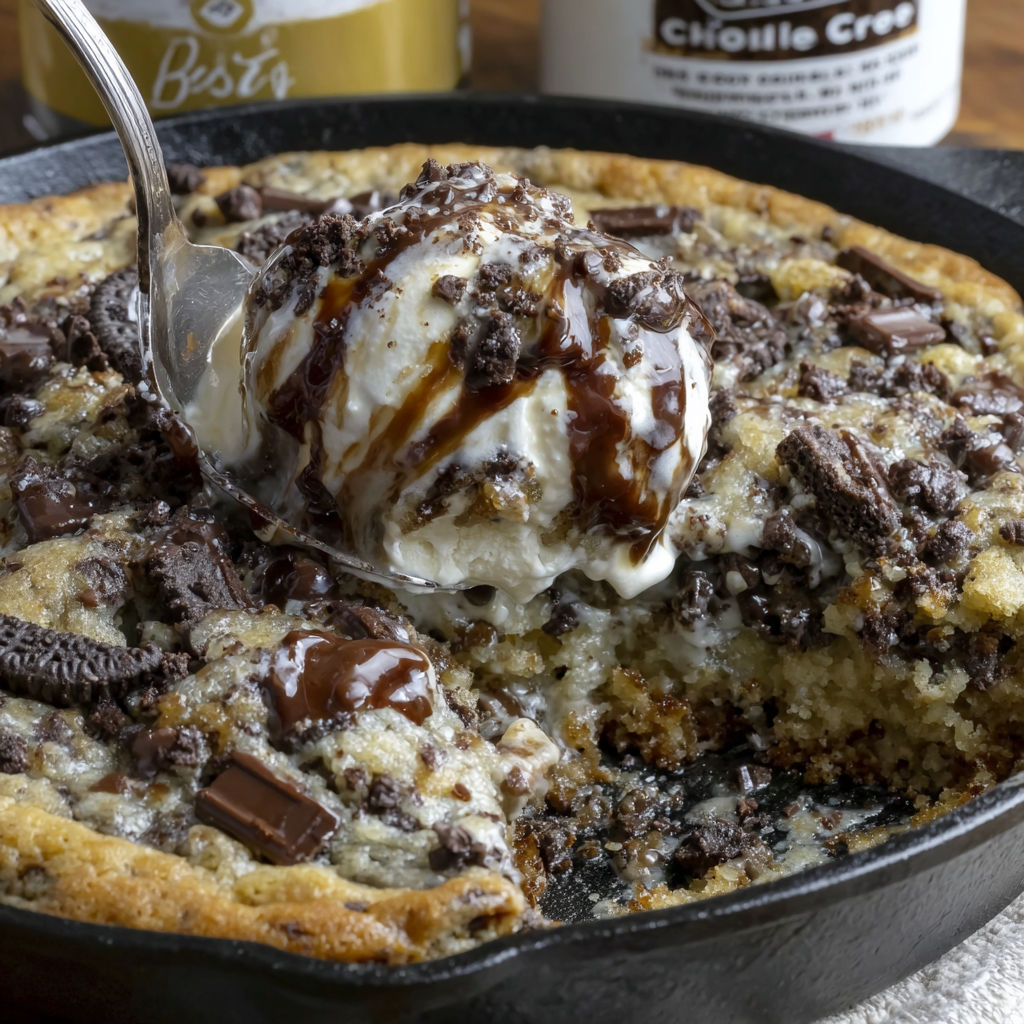 A skillet with a cookie and ice cream.