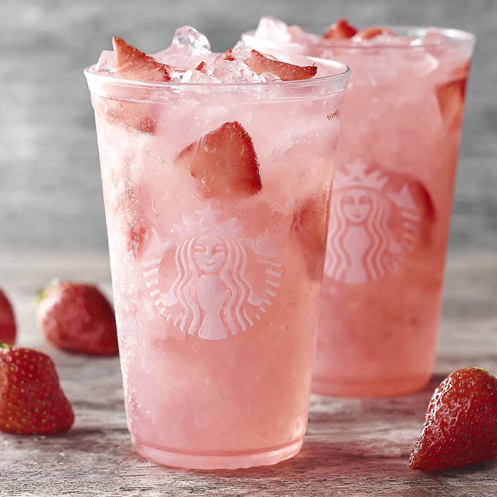 Two glasses of pink drink with strawberries.