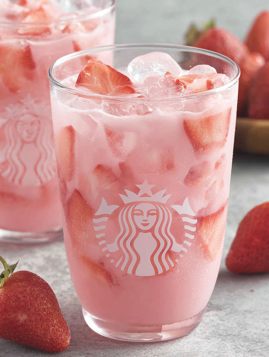 A glass of pink drink with a starbucks logo.