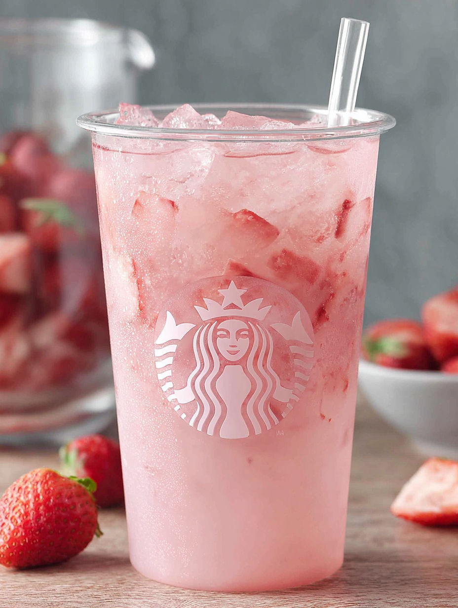 A glass of pink drink with a strawberry on top.