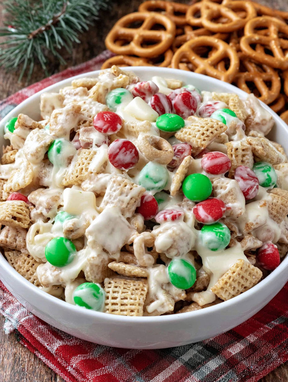 A bowl of cereal with green, red and white candy pieces.