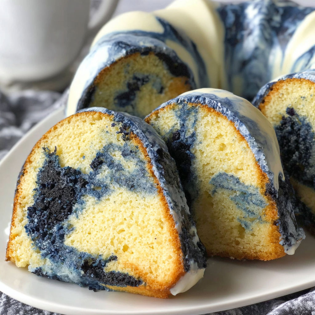 A slice of blue velvet swirl vanilla pound cake.