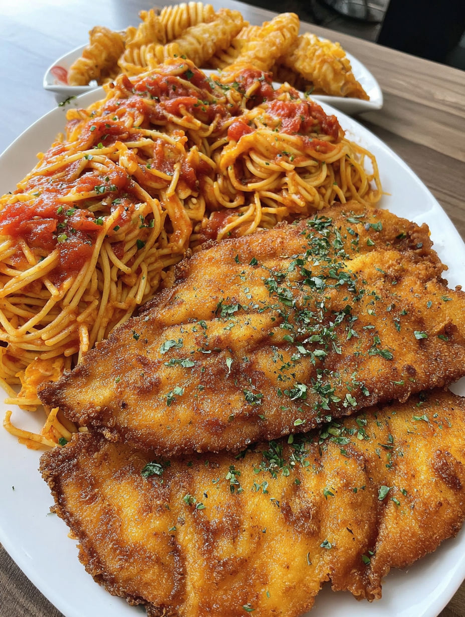 A plate of food with chicken, spaghetti, and tomatoes.