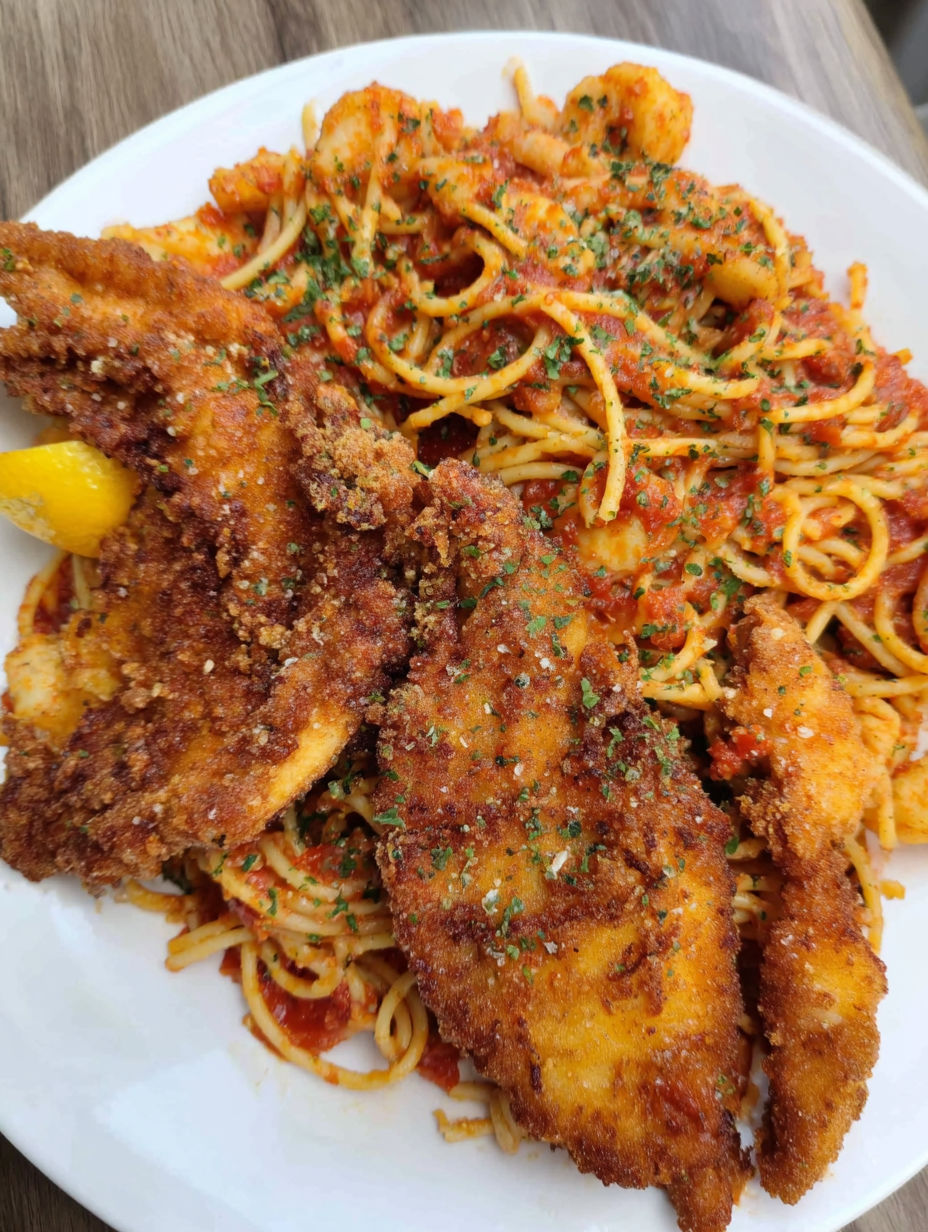 A plate of food with chicken and spaghetti.