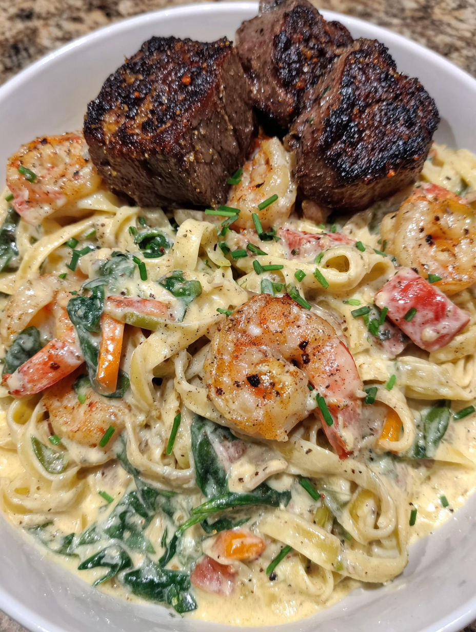 A bowl of pasta with shrimp and vegetables.