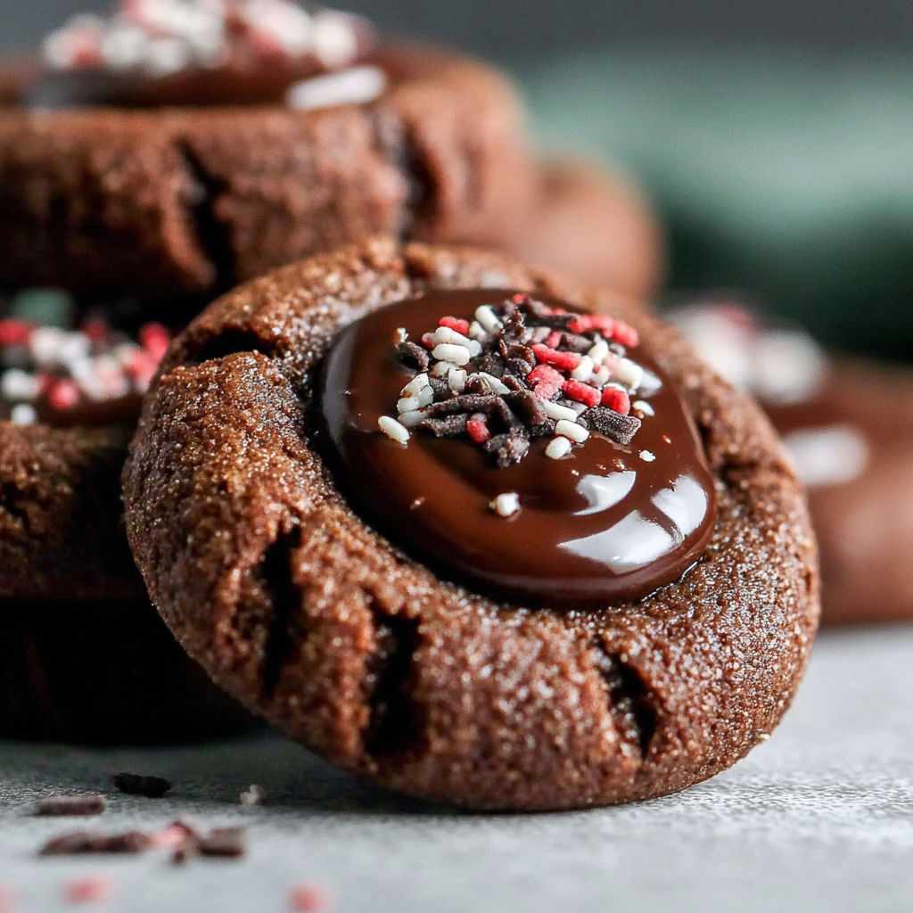 A close up of a chocolate thumbprint cookie.