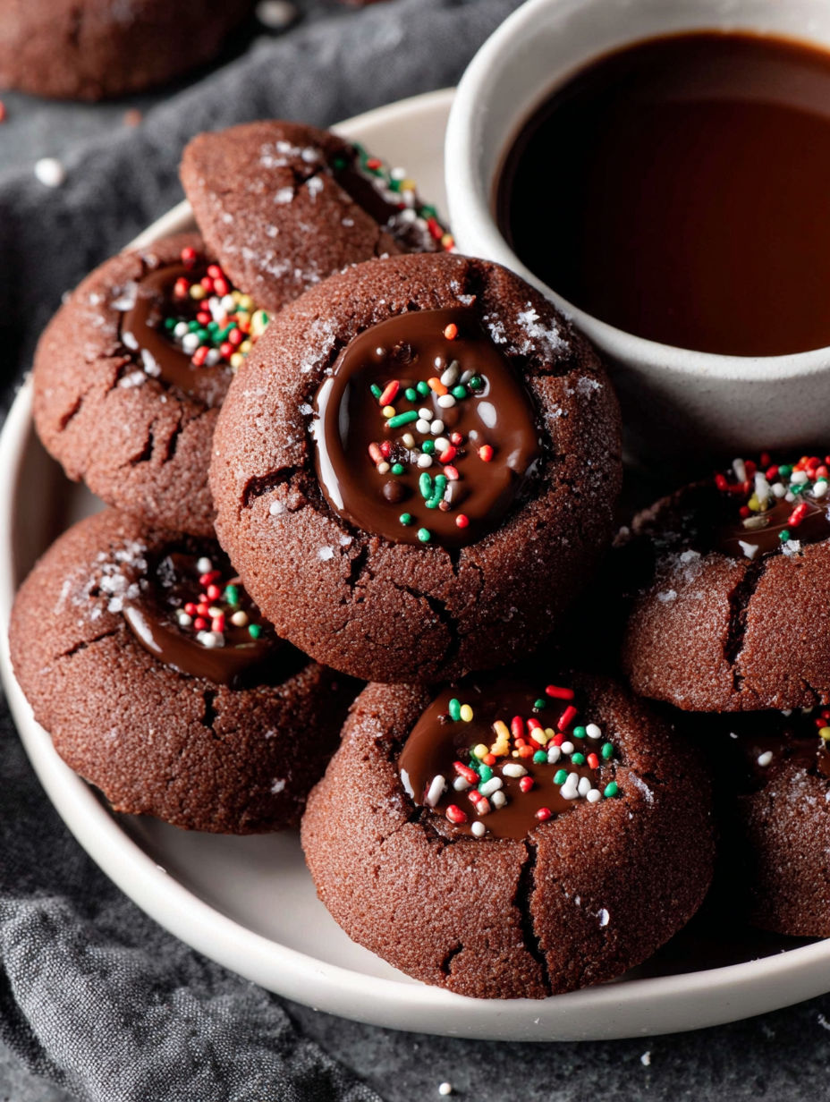 A plate of chocolate cookies with sprinkles.