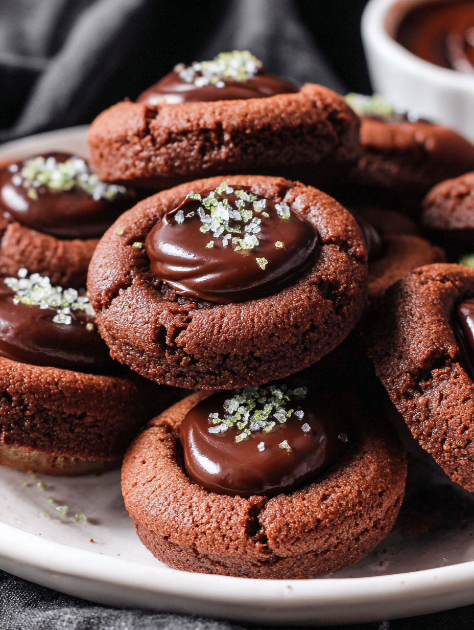 A plate of chocolate cookies with sprinkles on top.