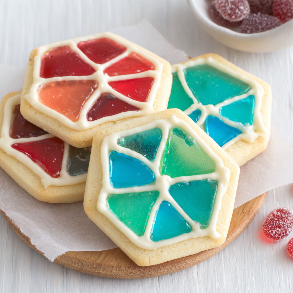 Stained glass cookies with different colors.