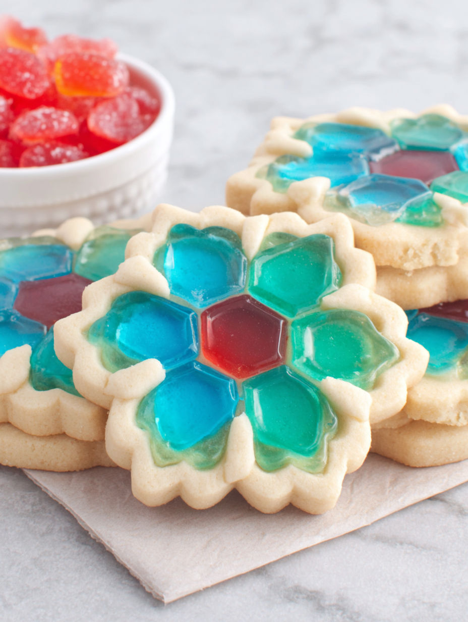 A blue and green cookie with a red center.