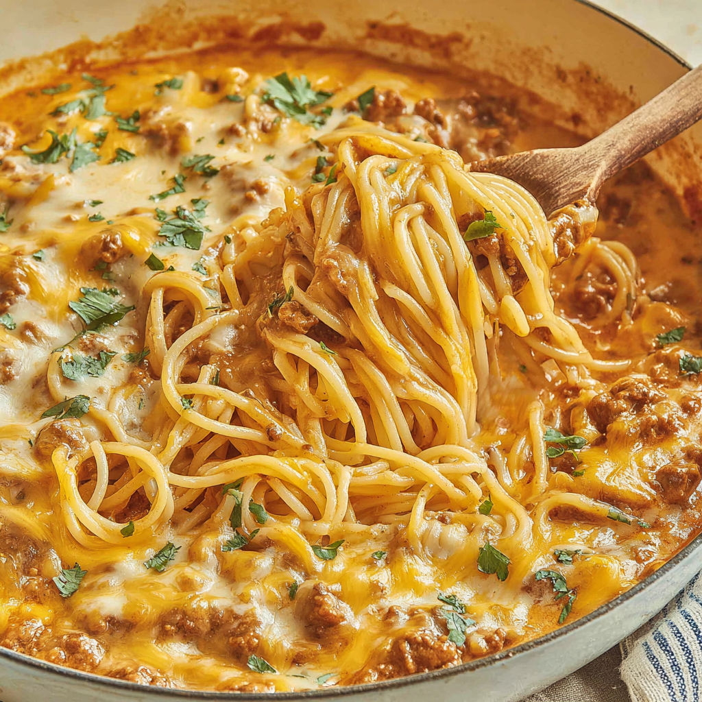 A bowl of Mexican spaghetti with a spoon in it.