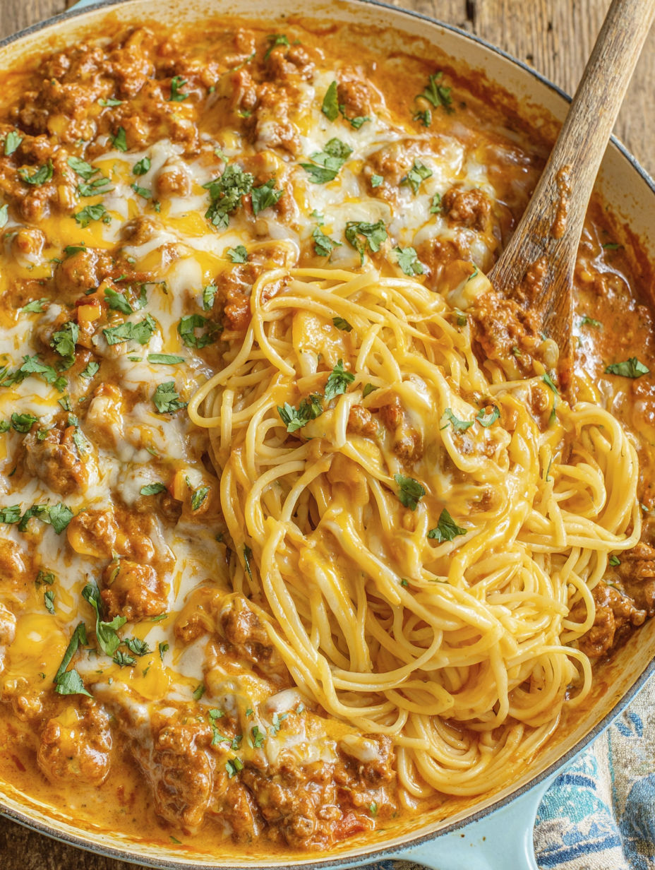 A bowl of Mexican spaghetti with meat and cheese.