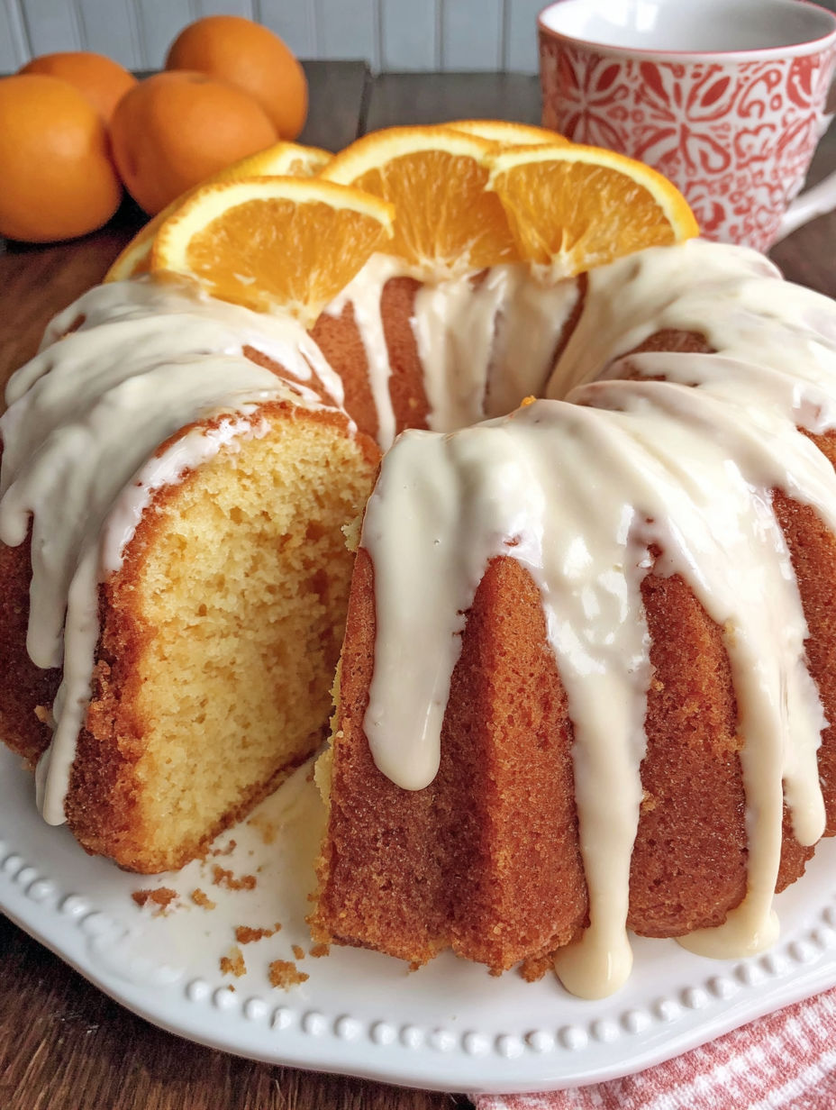 A slice of orange pound cake with white frosting.