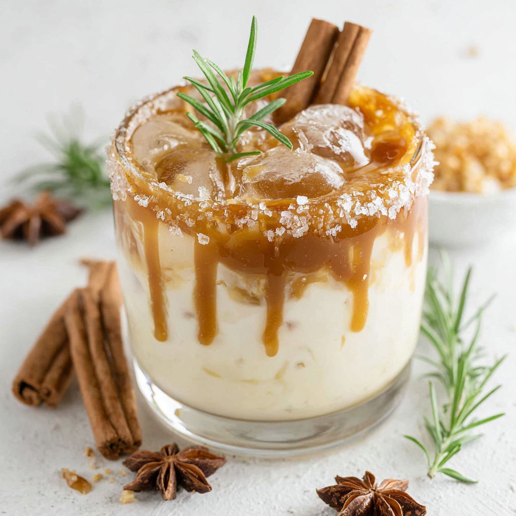 A glass of salted caramel white russian.