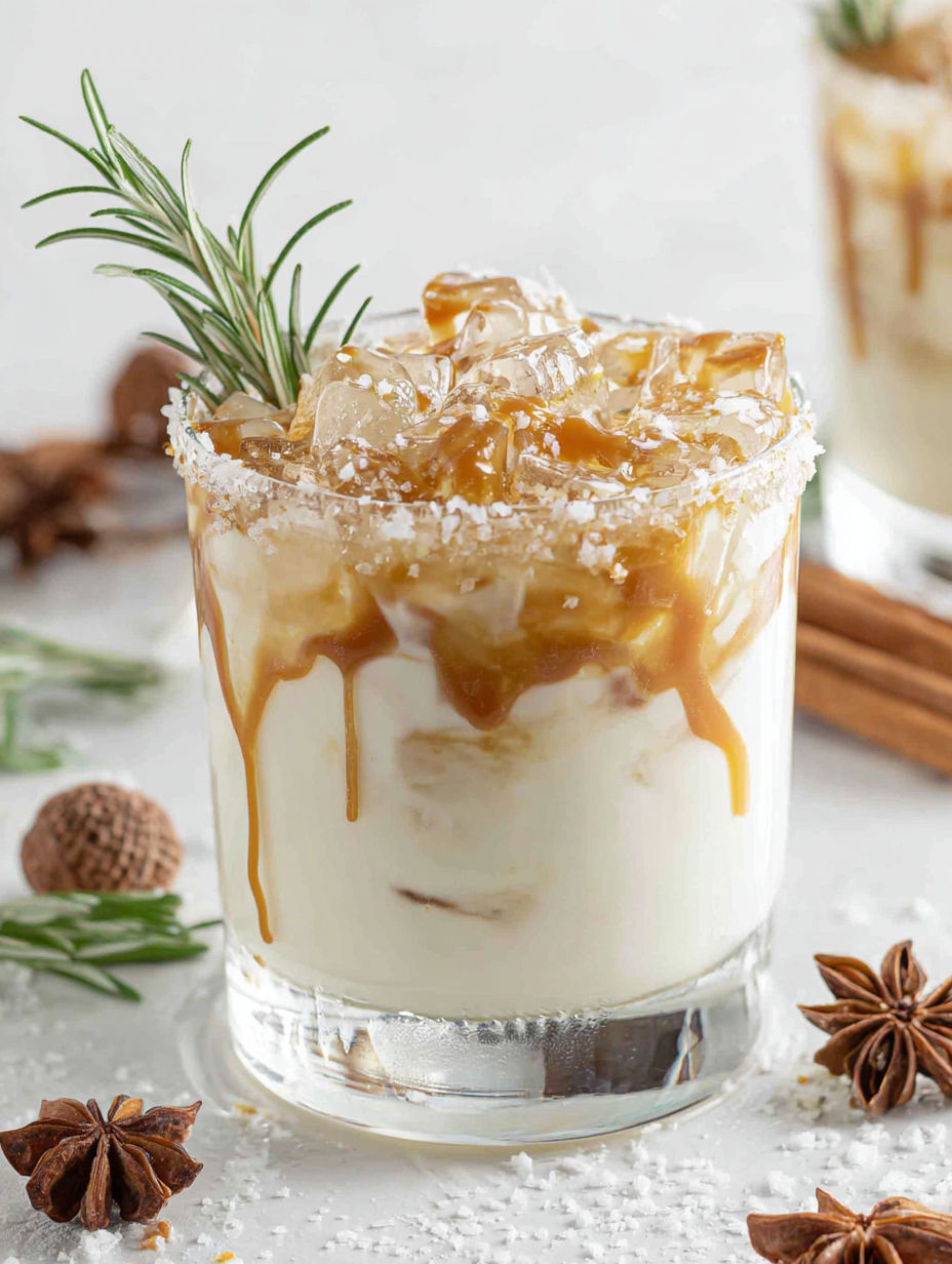 A glass of salted caramel white russian.