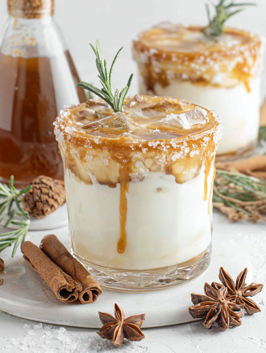 A glass of salted caramel white russian.