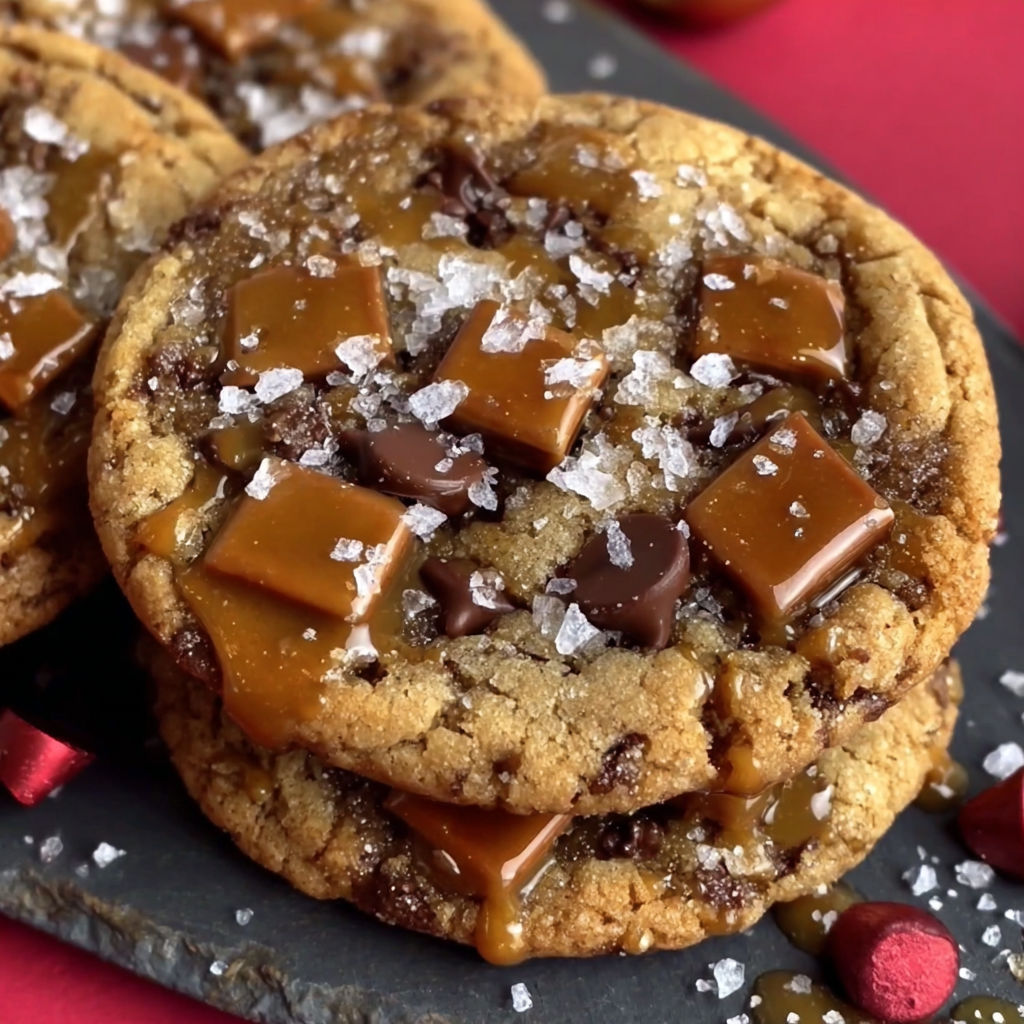 Two gingerbread toffee cookies with caramel drizzle.