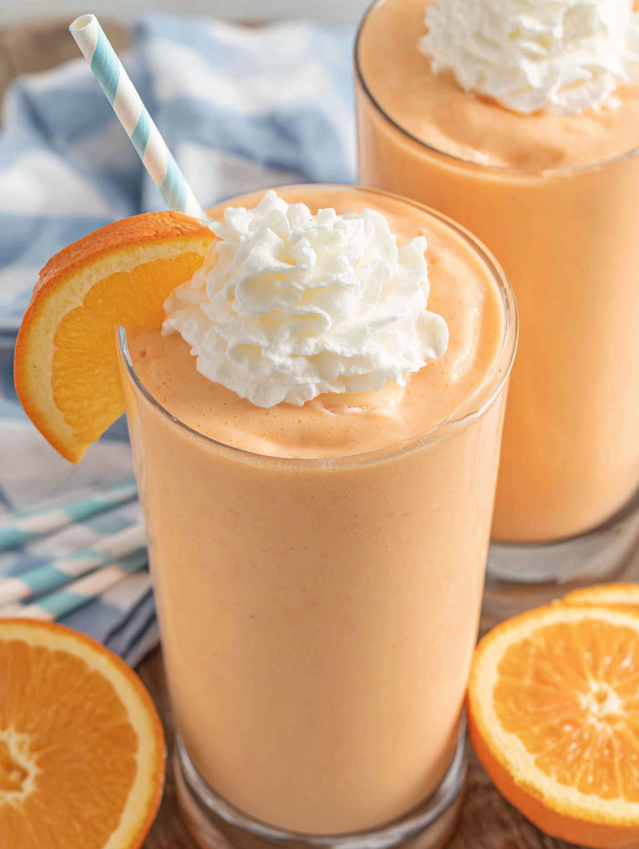 Two glasses of orange juice with whipped cream on top.