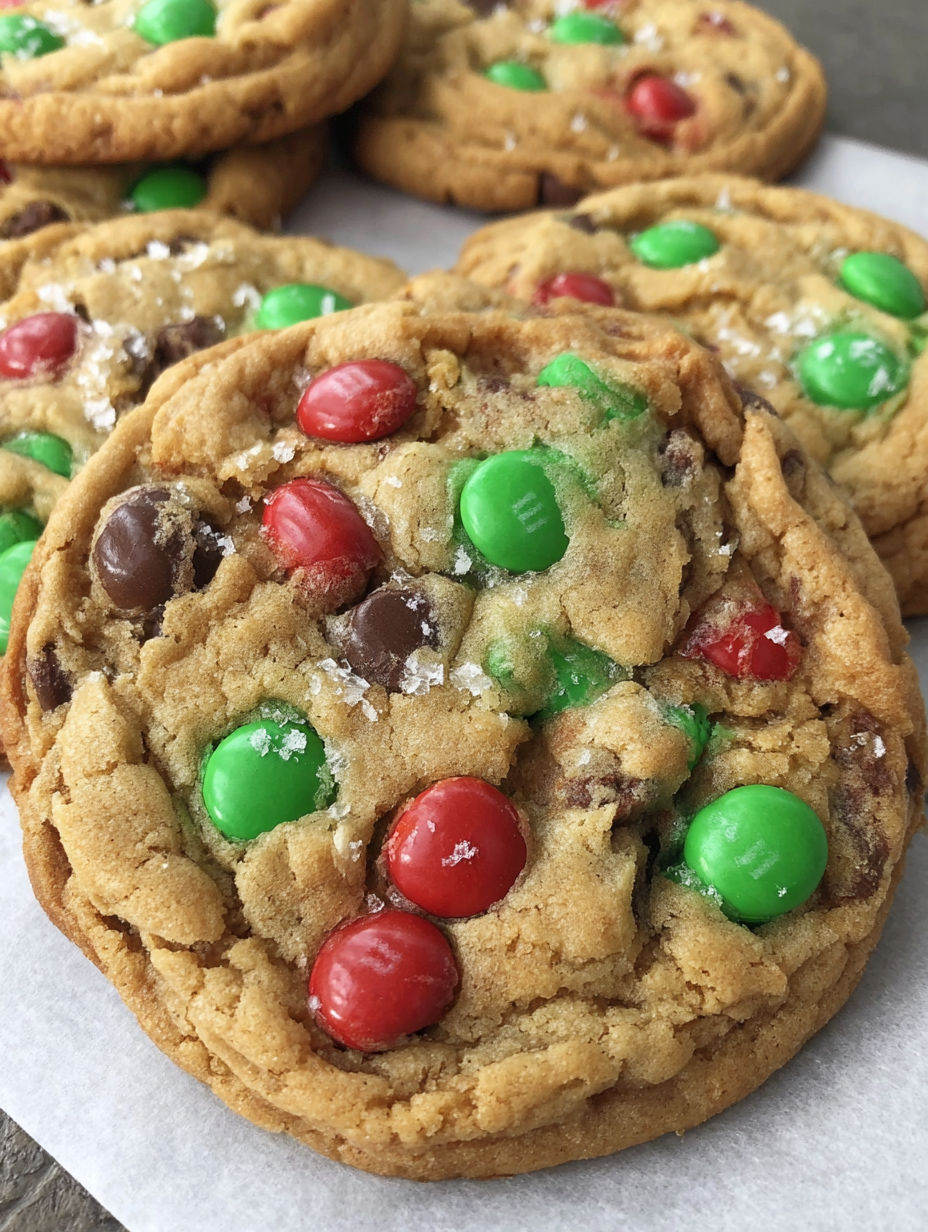 A close up of a Christmas M&M cookie.