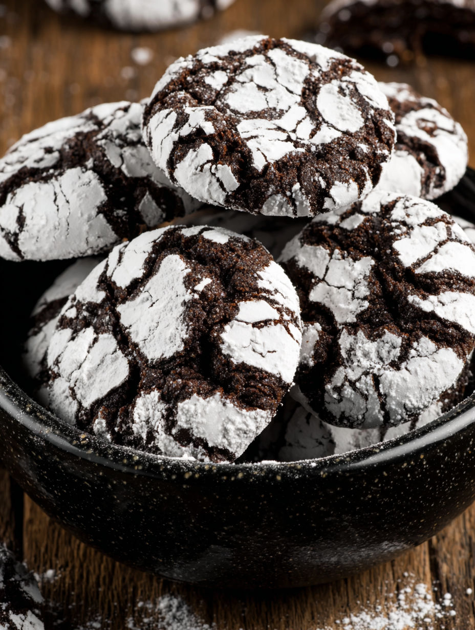 A bowl of chocolate crinkle cookies.