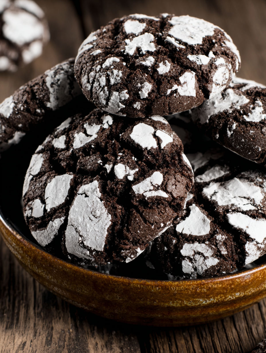 A bowl of chocolate crinkle cookies.
