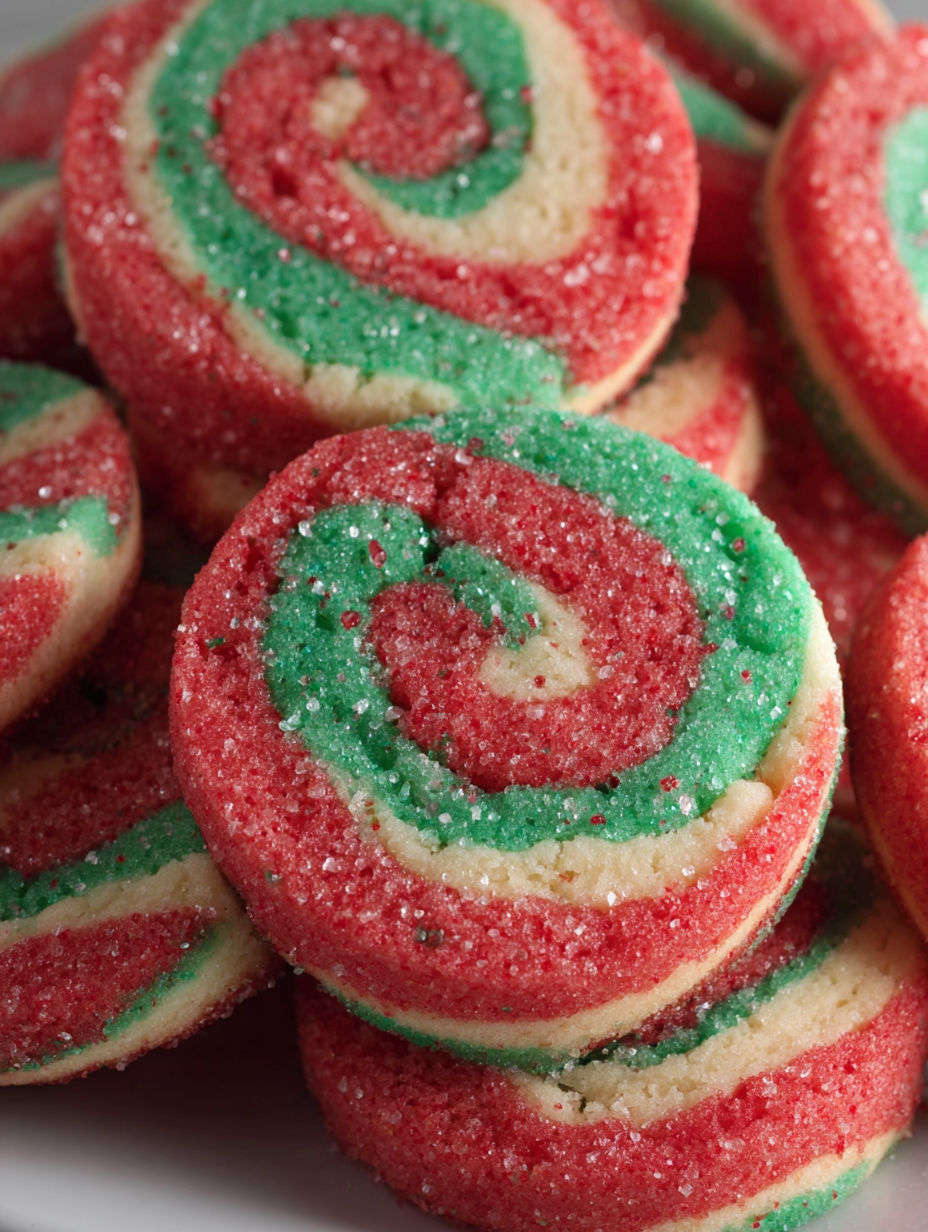 A close up of a red, green and white candy cane.