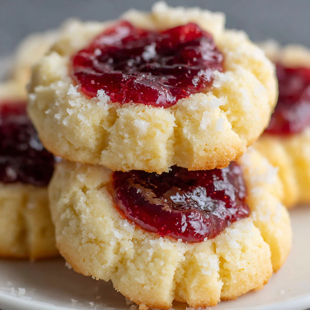 A plate of thumbprint cookies with jam in the center.