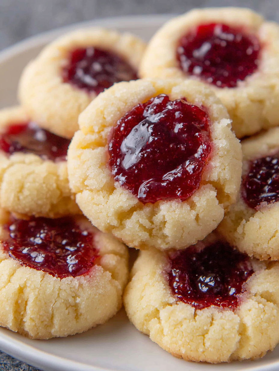 A plate of cookies with jelly on top.