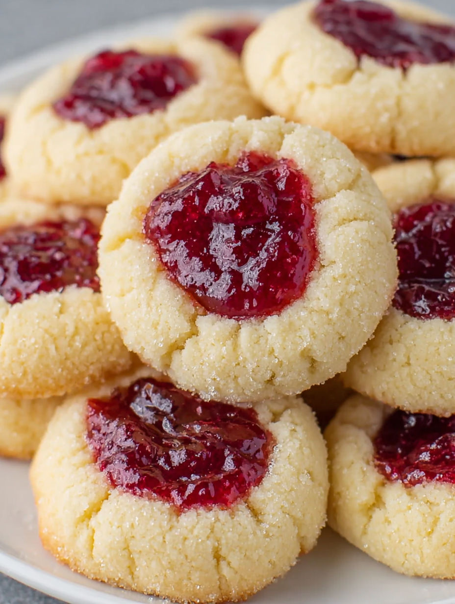 A close up of a cookie with jam in the center.