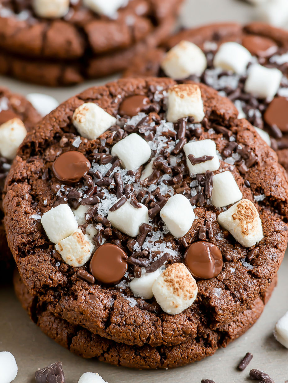 A close up of a chocolate chip cookie with marshmallows on top.
