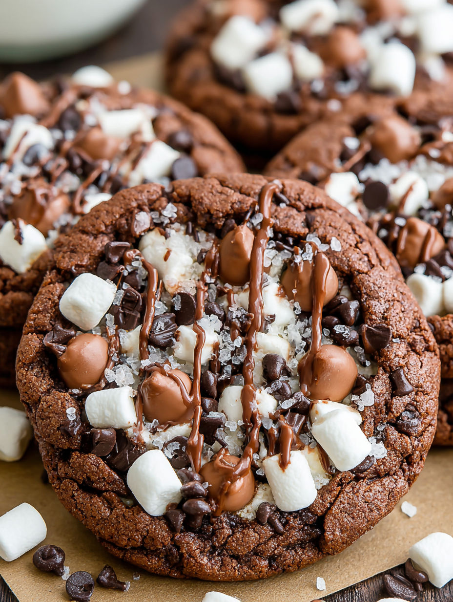 A close up of a chocolate chip cookie with marshmallows on top.