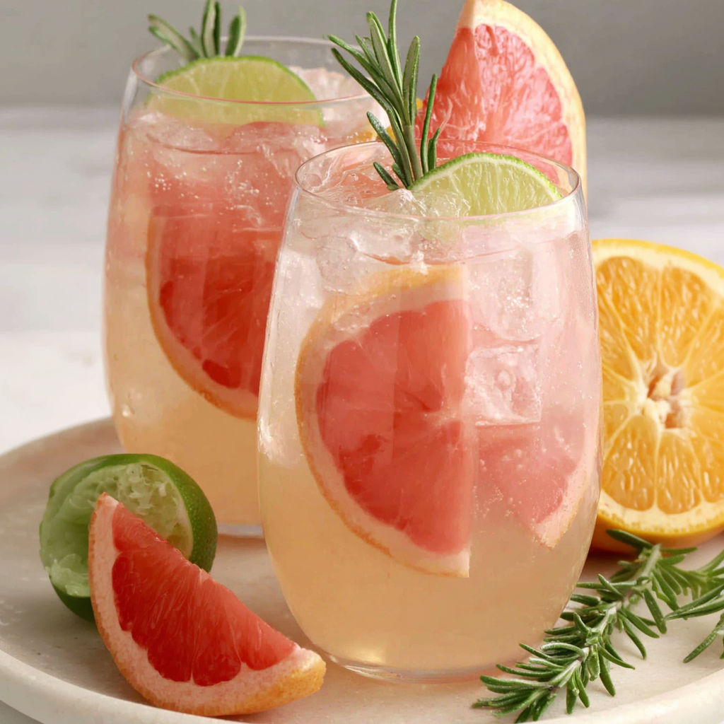 A glass of pink grapefruit juice with a slice of grapefruit and a sprig of mint.