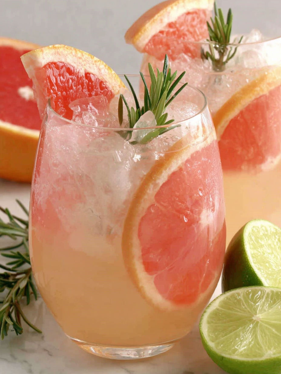 A glass of pink grapefruit juice with a slice of grapefruit in it.