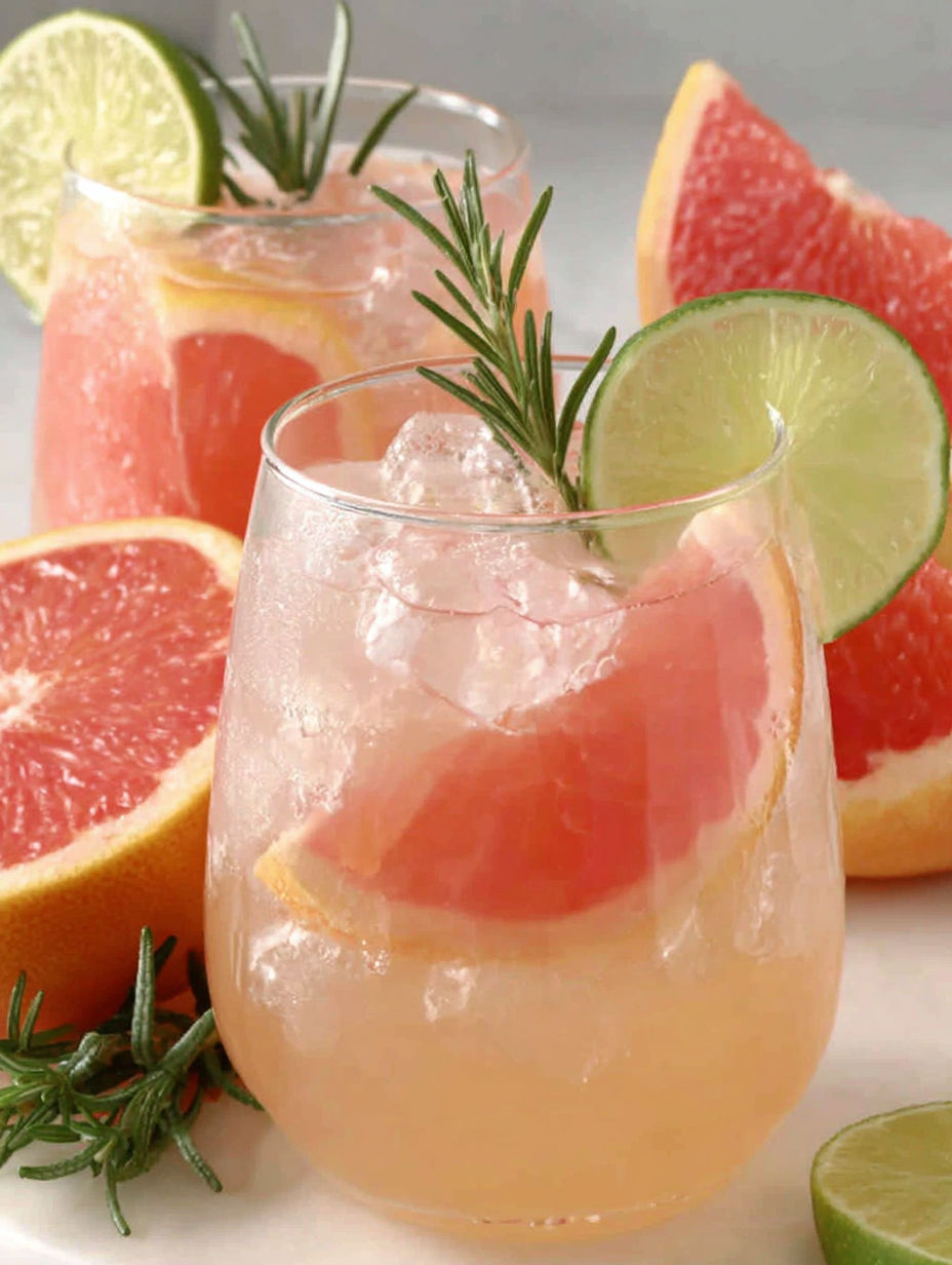 A glass of pink grapefruit juice with a slice of grapefruit in it.