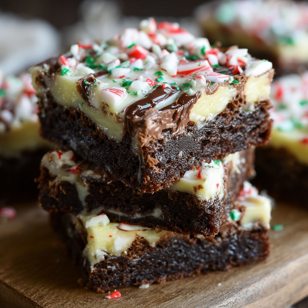 A stack of dark chocolate peppermint bark brownies.