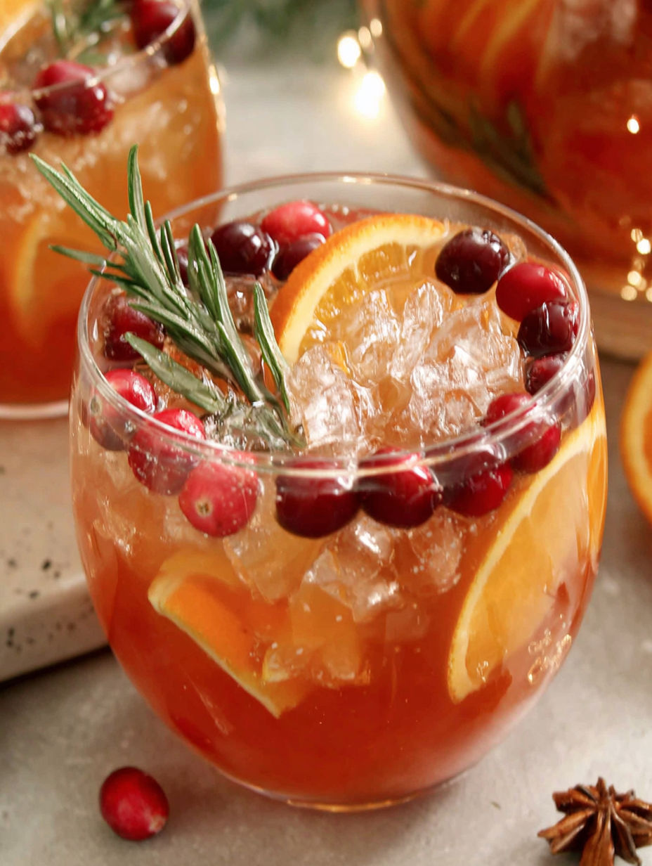 A glass of non-alcoholic holiday punch with a cranberry and orange garnish.