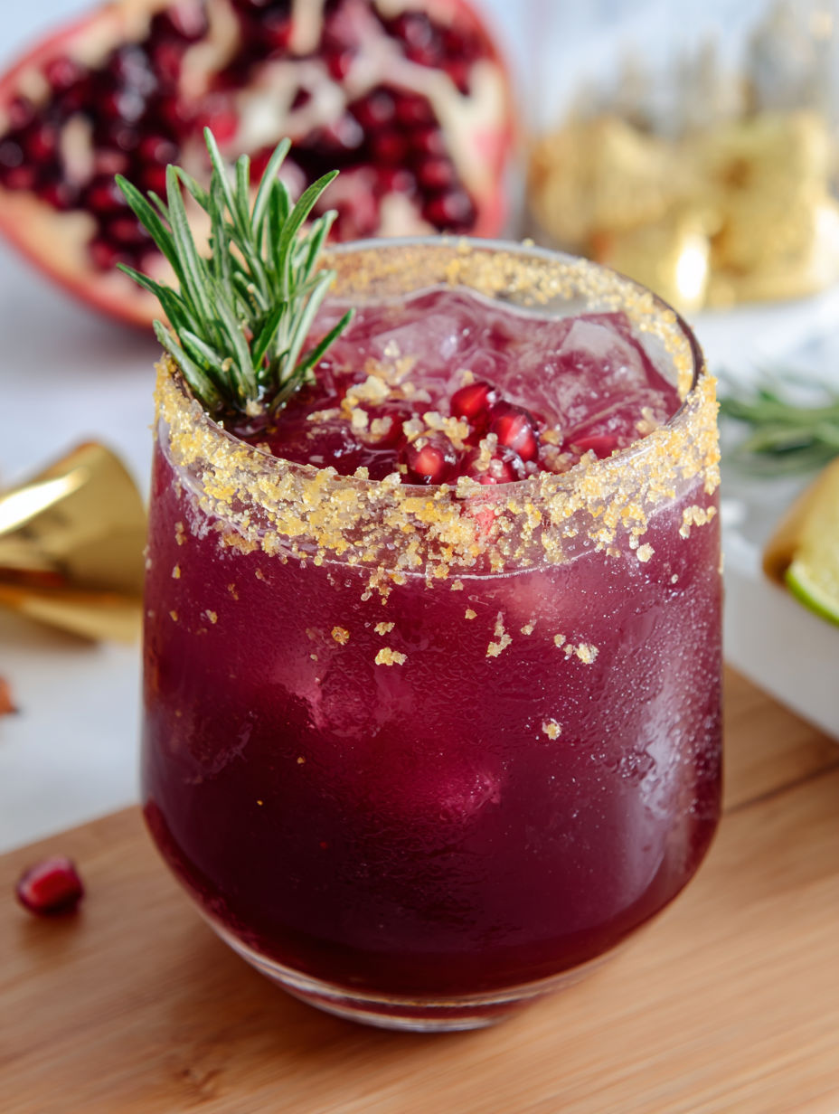 A glass of red wine with gold flakes in it.