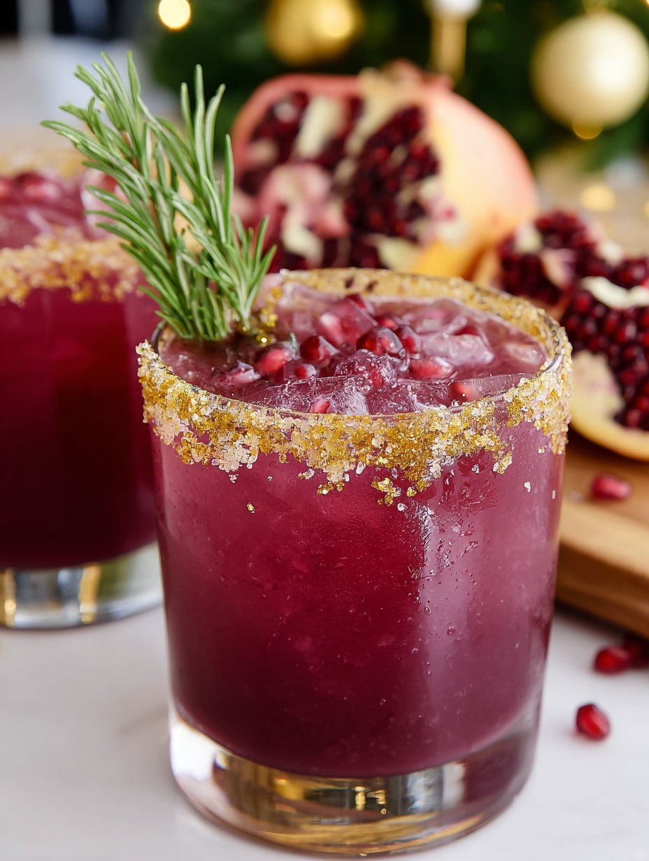 A glass of red wine with a sprig of rosemary on top.