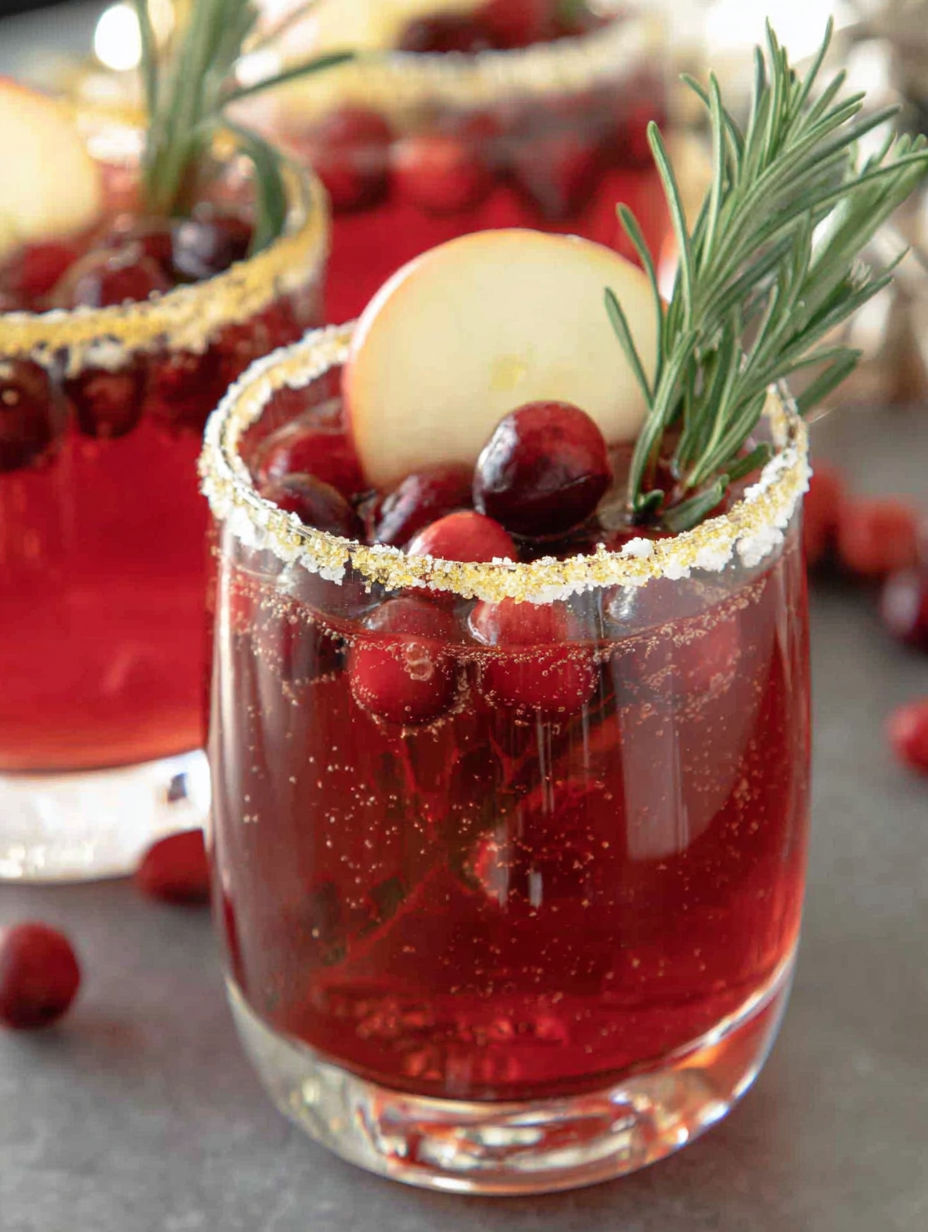 A glass of red wine with a cranberry and apple slice garnish.